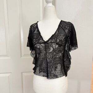 Italian Black Lace V-Neck Flutter Sleeve Blouse